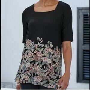 J.Jill Wearever Collection Black  Short Sleeve Pink Floral Tunic Top Medium